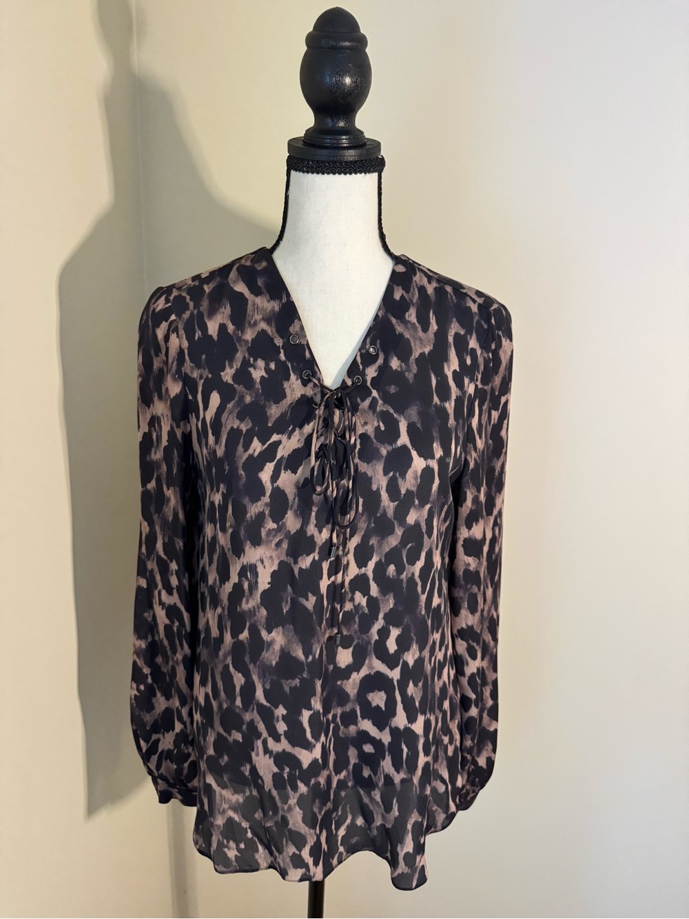 Haute Hippie Leopard Print Tie-Neck Blouse in Black and Taupe